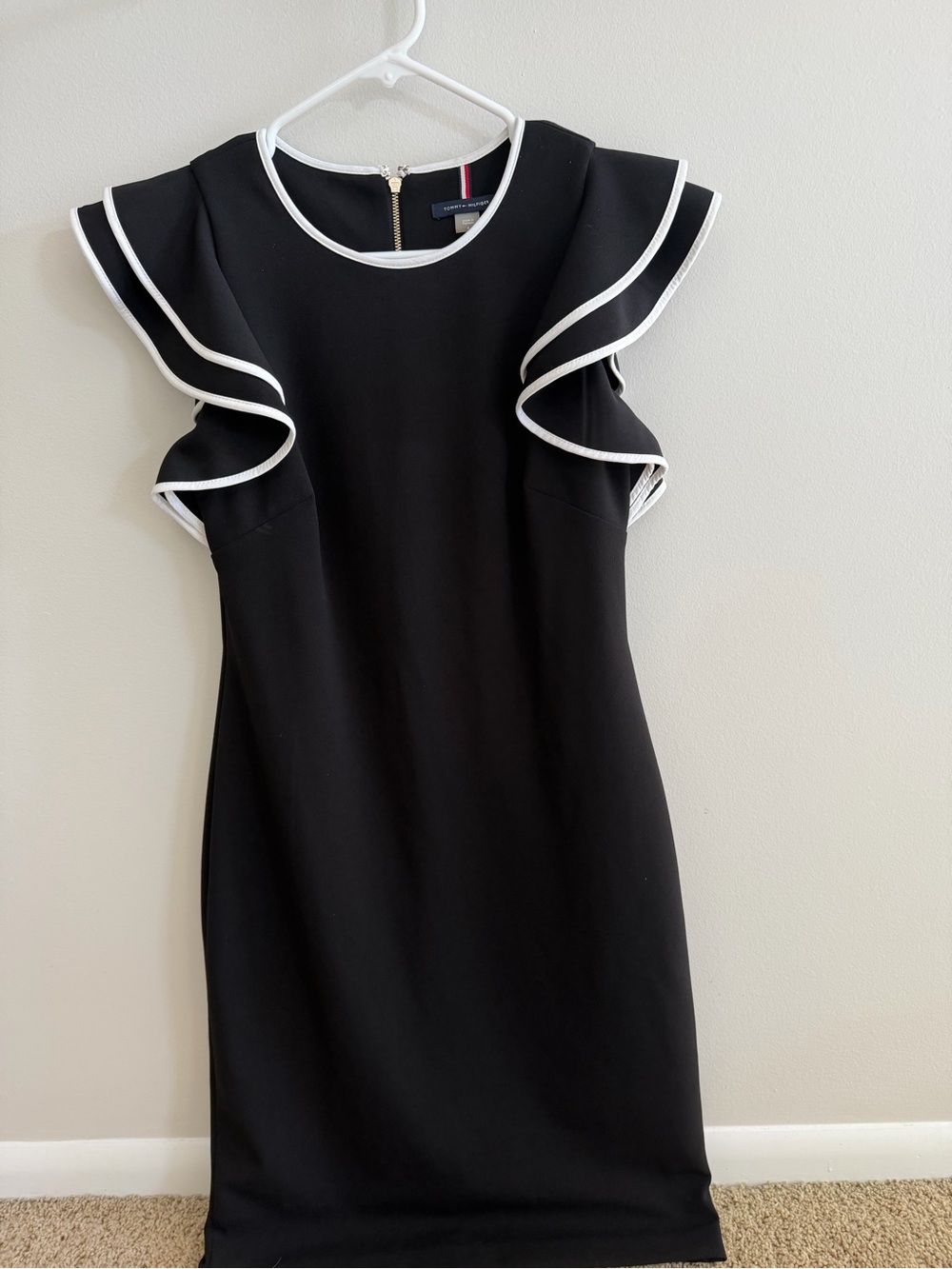 Tommy Hilfiger Black Midi Dress with White Trim Ruffle Sleeves
